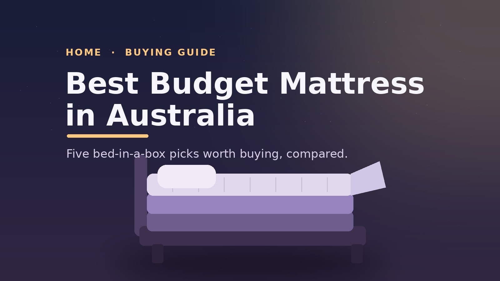 Illustration of a bed-in-a-box mattress unrolling onto a simple timber bed frame in a calm bedroom.